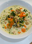 Family Dinner: Kim's Creamy Sausage and Kale Soup with a side of Sweet Potato Wedges (serves 4)
